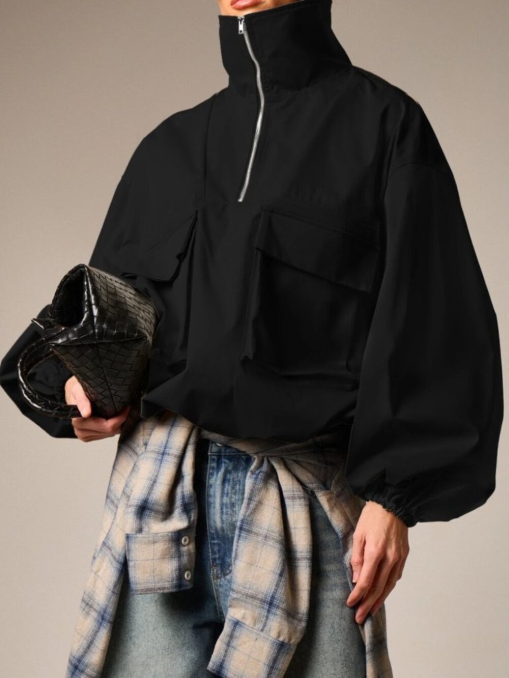 Black Funnel Neck Half-Zip Oversized Jacket with Cargo Pocket